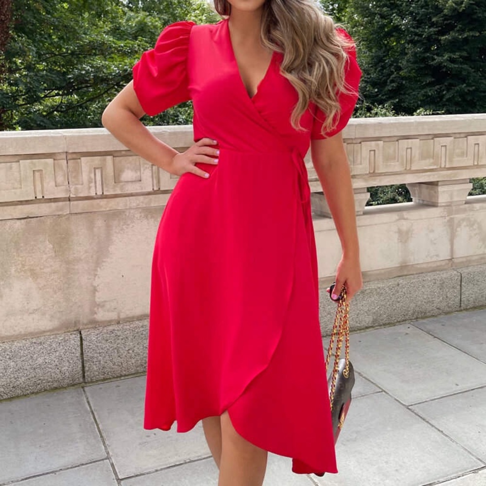 AX Paris Curve, Red Wrap Over Tie Midi Dress, Size 16